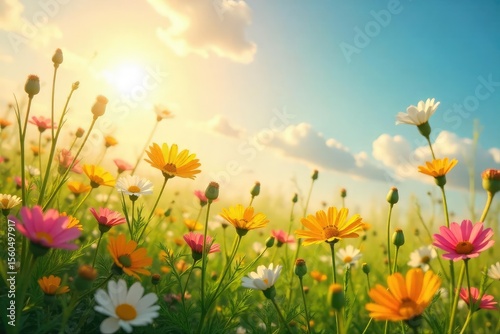 Golden Hour Wildflowers Serene Field of Blossoms Gently Swaying in the Breeze, Embodying Peace and Joy