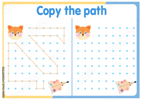Activities for children. Copy the path. Logical games for children. Vector illustration. Square format of the book funny animals	