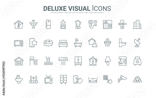 House and garage lock and CCTV system, bathroom and kitchen thin black and red outline symbols, vector illustration. Household objects and domestic equipment, electric appliances line icons set