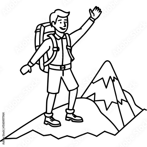 Happy hiker reaches mountain summit waving arm in celebration