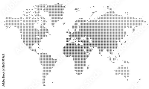 Squire shape dotted global map proposing related statistics factors, geographical clarity, and flat vector design. Squire shape dotted international map layout featuring specific pixel shapes.