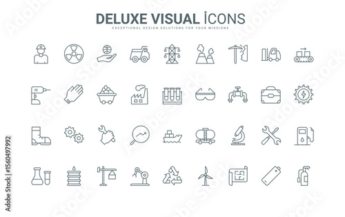 Outline symbols of manufacturing technology in factory and robots, energy and power production, safety equipment for worker. Labor Day in industry thin black and red line icons set vector illustration