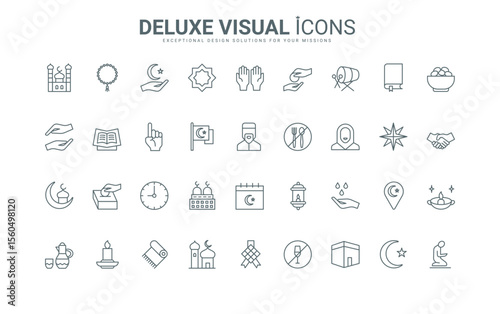 Muslim prayer on carpet and mosque building, Mecca and Ramadan Kareem thin black and red outline religious symbols, book of Quran and worship vector illustration. Religion of Islam line icons set.