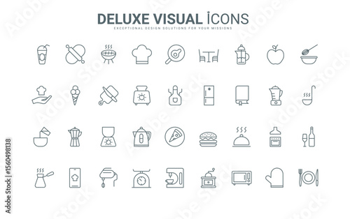 Outline symbols of electrical appliances and chefs tools to fry, mix and cook, prepare food and drink, kitchenware and recipe book. Kitchen thin black and red line icons set vector illustration