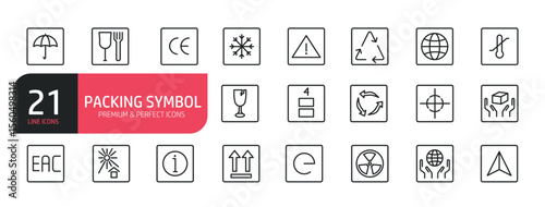 Set of line icons related to shipping, fragile, service to protect from the sun, processing, protected from moisture. Outline icons collection. Editable stroke. Vector illustration.