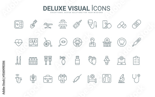 Oximeter and thermometer, ultrasound scanner thin black and red symbols vector illustration. Medical devices and diagnostic hospital equipment, surgical and doctors instruments line icons set