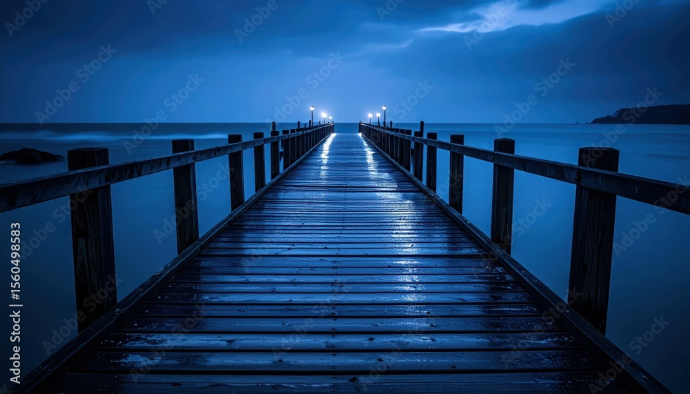 Obraz premium Twilight Harbor Dock Under Stormy Sky with Drenched Surface