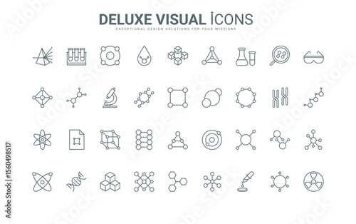 Pictogram of molecule model with chains and atoms, chemical formula and cell, laboratory genetic research thin black and red outline symbols, vector illustration. Molecular structure line icons set