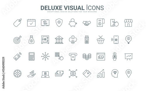 Outline symbols of piggy bank and application for phone, wallet with coins and cash machine for dollar currency, safe and bag. Money payment thin black and red line icons set vector illustration