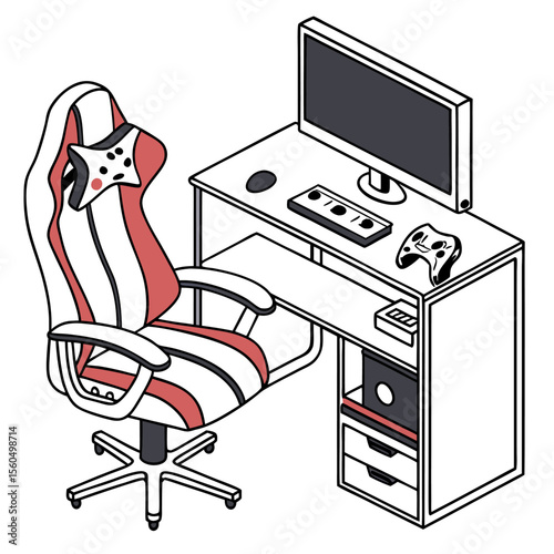 Isometric view of a gaming setup with a red and white chair desk computer and gaming accessories shown