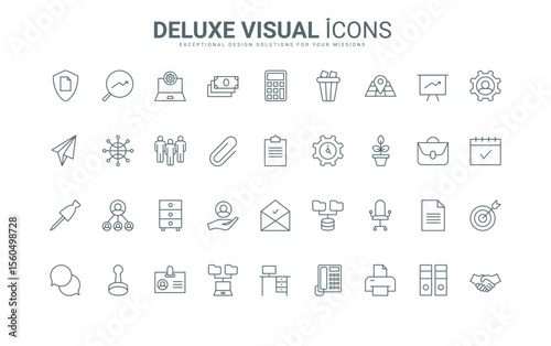 Outline symbols of business documents in folder and briefcase, calculator and calendar, managers badge and orgchat hierarchy. Office work thin black and red line icons set vector illustration