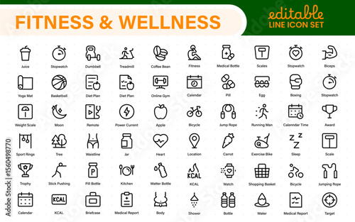 Set of fitness and wellness related line icons, wellbeing, mental health, healthcare, cosmetics, spa, medical. Outline icon collection.