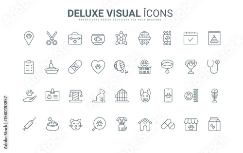 Pet food and carrier, toys and collar of animal, aquarium for fish and bird house, grooming thin black and red outline symbols, vector illustration. Dog and cat care, veterinary clinic line icons set