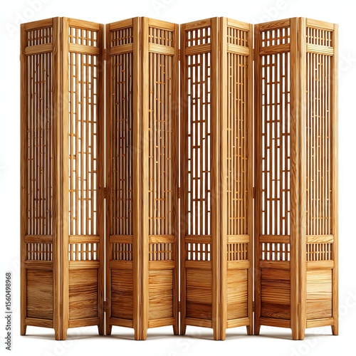 A six-panel wooden room divider with an intricate lattice design, standing upright as a decorative and functional privacy screen.