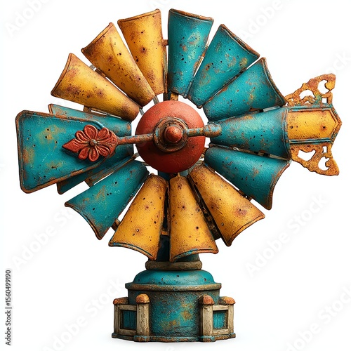 A vintage, rusted metal windmill model painted in teal and yellow with a decorative floral element on a white background.