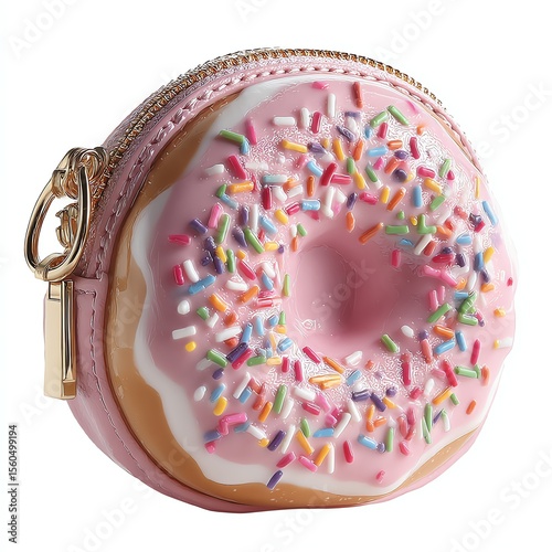 A round, donut-shaped handbag with pink icing and colorful sprinkles, featuring a gold zipper and clasp detail.