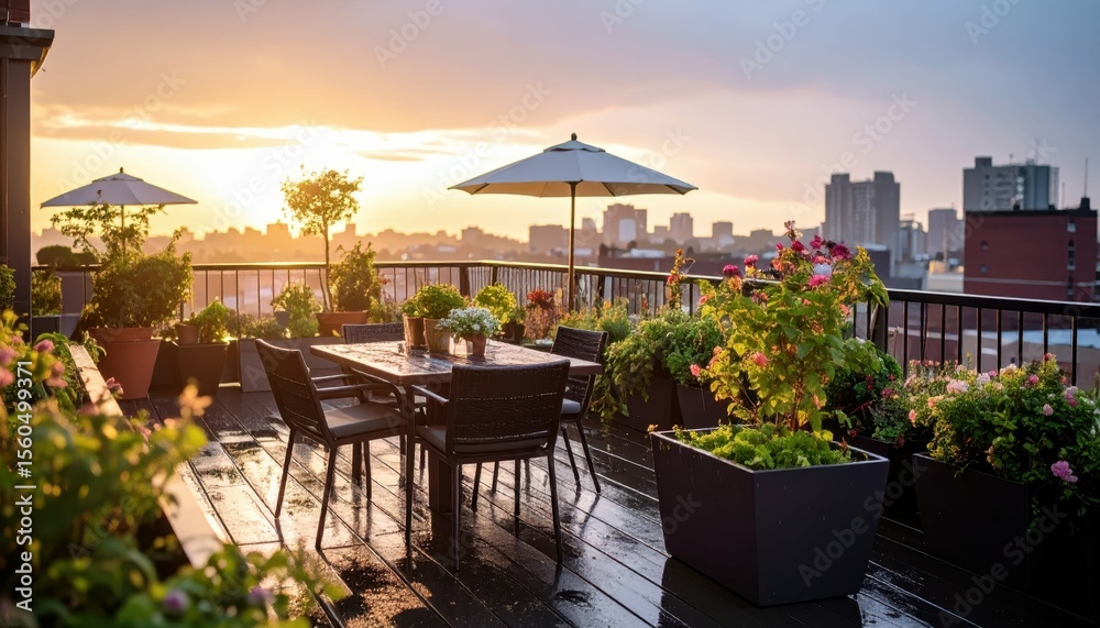 Fototapeta premium Serene Rooftop Garden at Dawn After a Refreshing Stormy Night