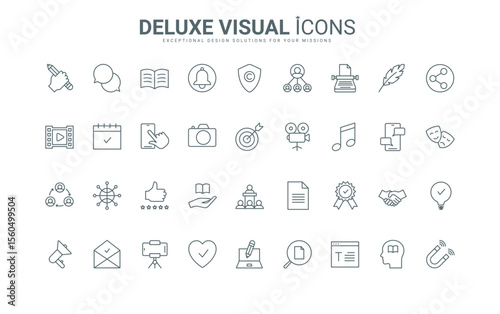 Outline marketing symbols, copyright protection of authors ideas, blog followers. Storytelling, content creation and publication in social media thin black and red line icons set vector illustration