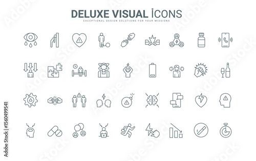 Pressure of social media and depression, difficulty and deadline at work, insomnia and anxiety thin black and red outline symbols, vector illustration. Causes and factors of stress line icons set