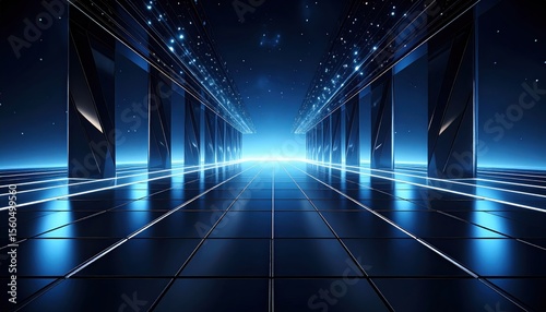 Futuristic corridor with glowing blue light and reflective surfaces, creating a sci-fi atmosphere