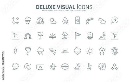 Humidity and temperature indicators search, meteorology vector illustration. Rain and clouds, snow and wind, sun and moon in sky thin black and red outline symbols. Weather forecast line icons set.