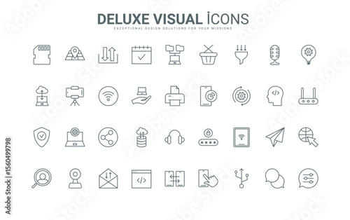 Mobile app settings, connection and protection of WiFi network, software update thin black and red outline symbols, vector illustration. Web service, application and communication line icons set
