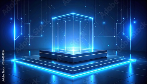 Futuristic illuminated platform in a high-tech environment with glowing lines and digital patterns