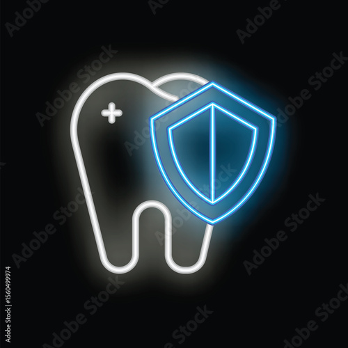 Neon medical icon of a glowing white tooth with a bright blue shield protecting it, representing dental insurance and health