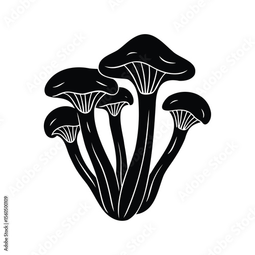 Monochrome image of a cluster of stylized black mushrooms on white background