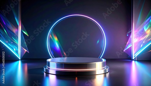 Futuristic stage design with glowing circular frame and colorful light reflections