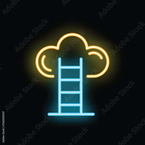 Glowing neon icon of a ladder leading to a cloud symbolizing the concept of cloud computing and reaching for success