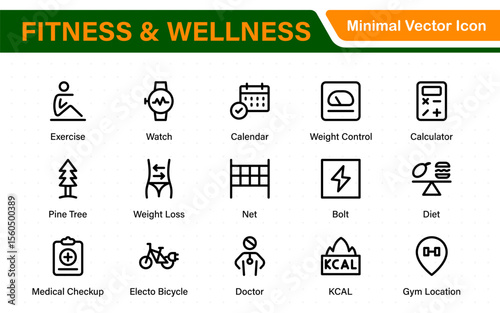 Set of fitness and wellness related line icons, wellbeing, mental health, healthcare, cosmetics, spa, medical. Outline icon collection.