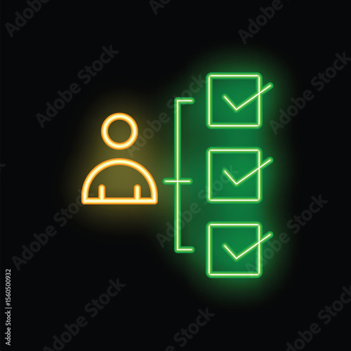 Neon style icon of businessman completing tasks with check marks on checklist