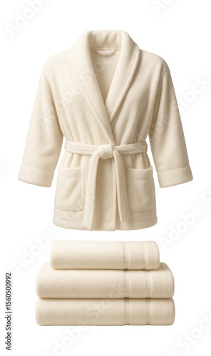 A complete set of ivory towels with a matching bathrobe, providing a spa-like experience in a luxurious home bathroom.