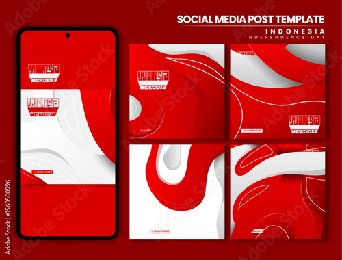 Set of carousel post with waving shape in 3d and outline design for indonesia independence day