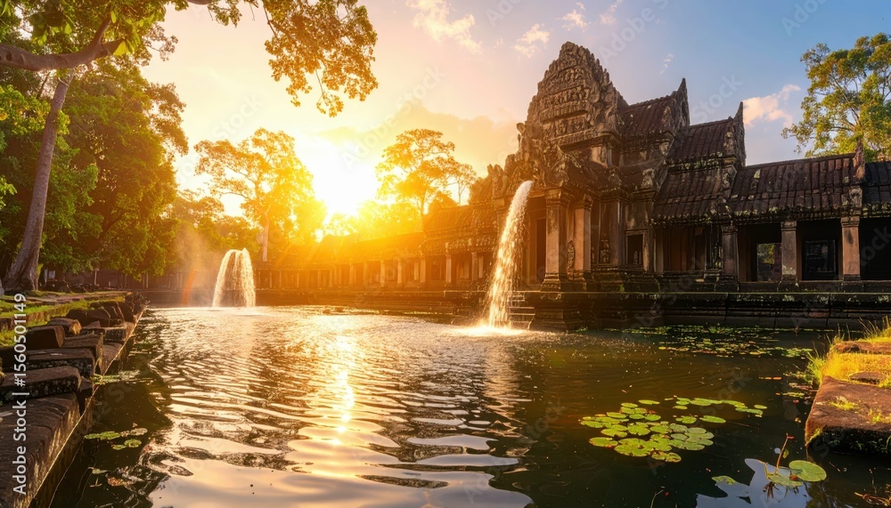 Fototapeta premium Ancient Temple Submerged in Water with Golden Hour Sunset Glow