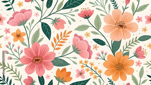 Wallpaper Mural Seamless Spring Floral Pattern: Hand-Drawn Blossom & Leaf Botanical Illustration Torontodigital.ca