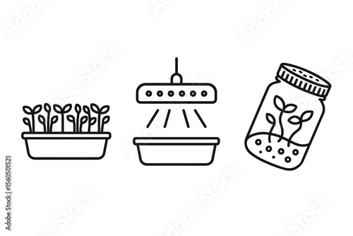 Indoor gardening kit icon set with seedlings and hydroponic jar vector icon isolated illustration