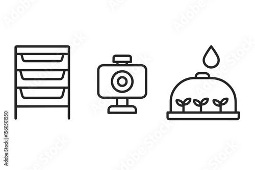 Line icons of vermicompost bin, camera, and plant growth in greenhouse vector icon isolated illustration