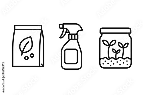 Gardening icon set with seed packet, spray bottle, and seedlings vector icon isolated illustration