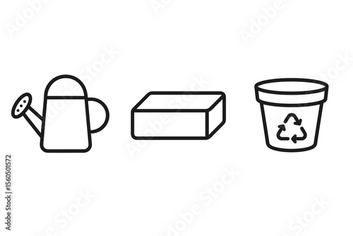 Gardening icons set: watering can, soap bar, recycling bin outline vector icon isolated illustration