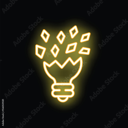 Neon sign depicting a broken light bulb with pieces scattering, symbolizing a sudden loss of inspiration or ideas