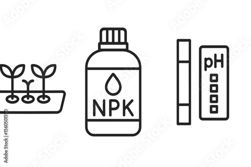 Essential hydroponics elements: seedlings, nutrient solution, ph test vector icon isolated illustration