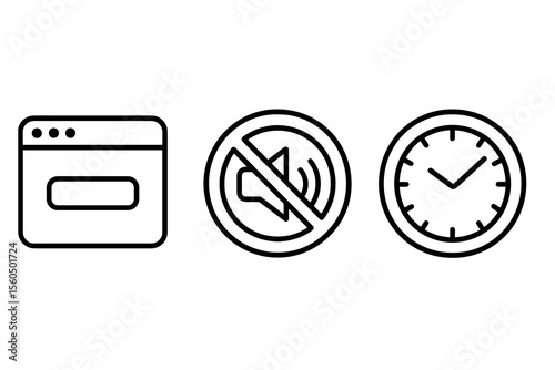 Webpage icon, mute symbol, and clock outline in black and white vector icon isolated illustration
