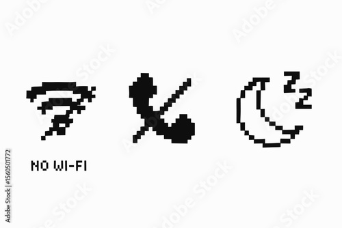 Pixel art icons: no wi-fi, phone off, do not disturb vector icon isolated illustration
