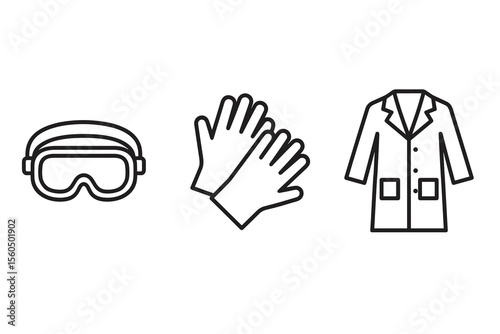 Safety gear icons: goggles, gloves, lab coat symbols for protection vector icon isolated illustration