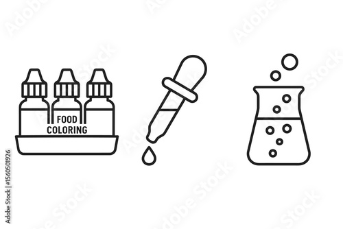 Food coloring bottles with dropper and beaker illustration for science and cooking vector icon isolated illustration