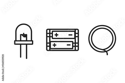 Led, batteries, and wire illustration - electronic components on white background vector icon isolated illustration
