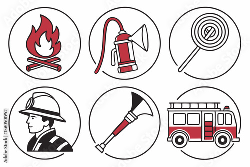Sixteen Fire Department Icons Flames Hoses and Safety Equipment