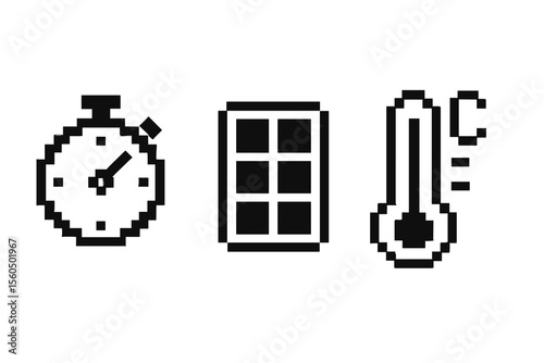 Pixel art icons: stopwatch, window, thermometer in black and white vector icon isolated illustration